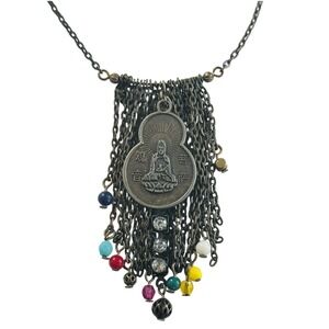 VTG Y2K Buddha Necklace Artisan Signed BBB Collar Modernist Glass Tassel Chain